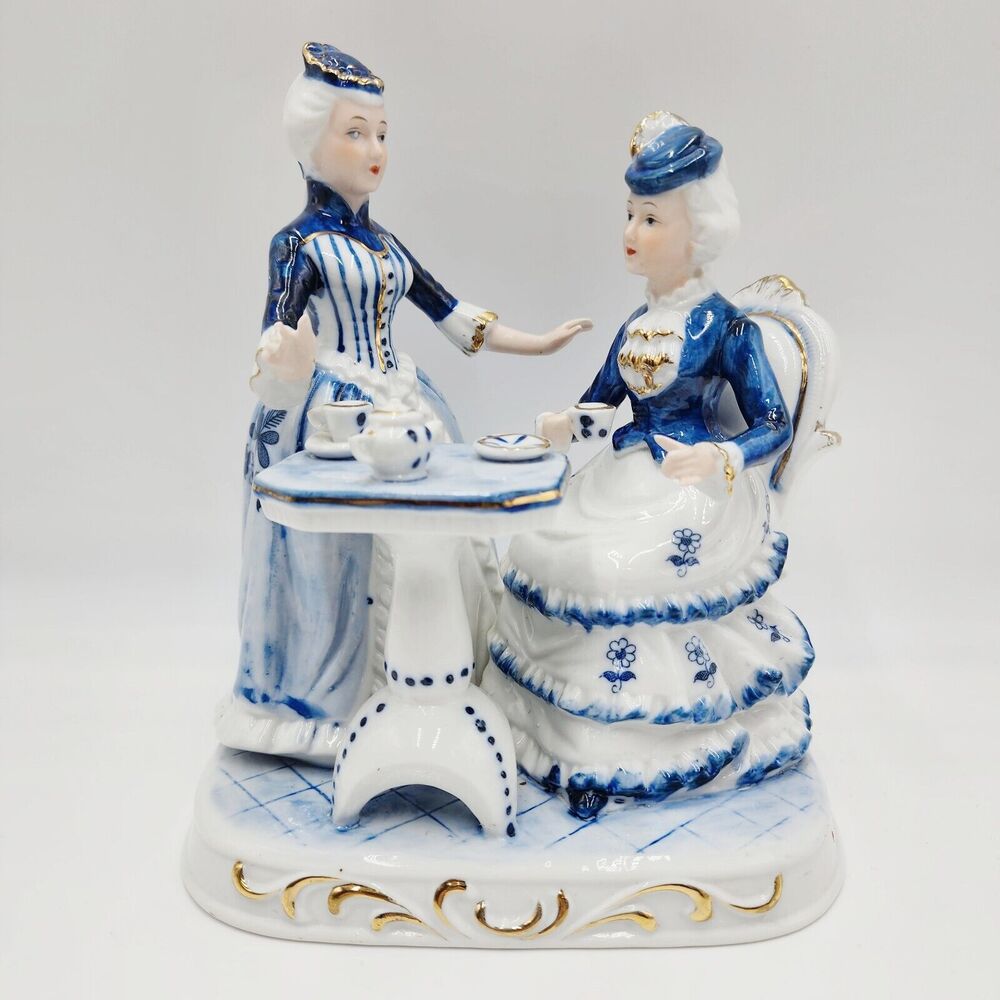 Vintage The Leonardo Collection Porcelain 2 Ladies Tea Party Figurine Blue White
